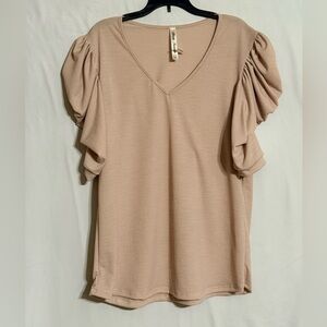 Simply Irresistible Tan Puff Short Sleeve V-Neck Top Size 1X